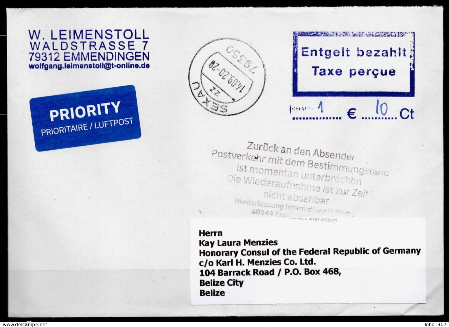 Corona Covid 19 Postal Service Interruption "Zurück An Den Absender... " Reply Coupon Paid Cover To BELIZE CITY - Belize (1973-...)