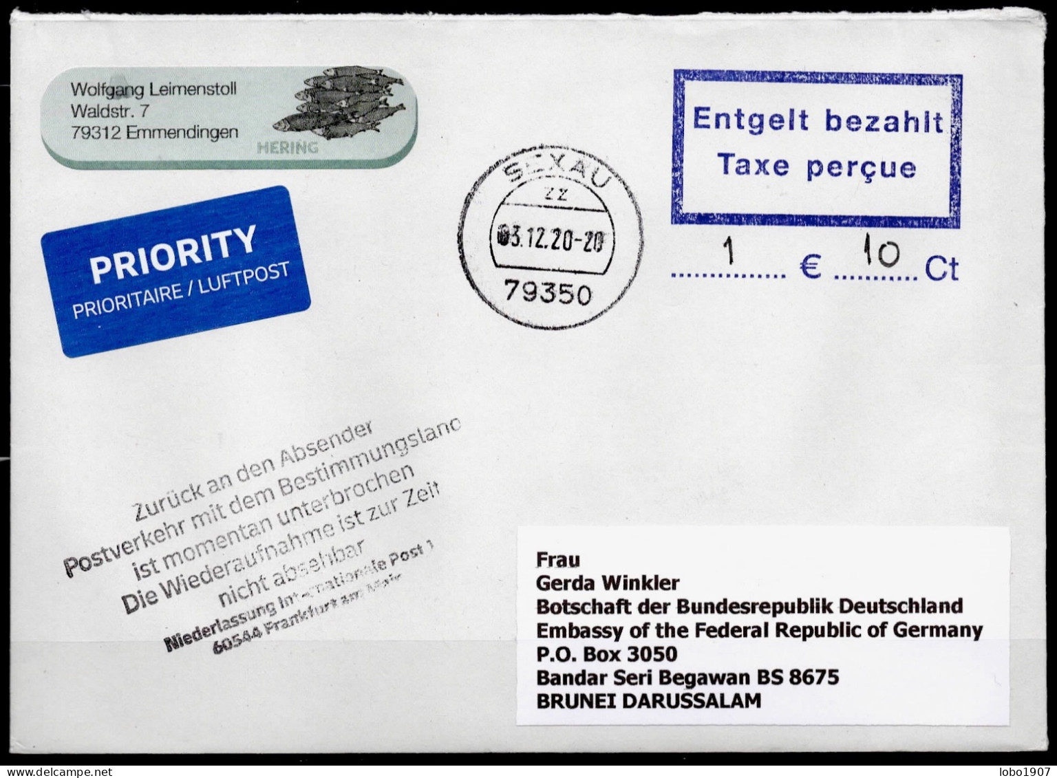 Corona Covid 19 Postal Service Interruption "Zurück An Den Absender... " Reply Coupon Paid Cover To BRUNEI DARUSSALEM - Brunei (1984-...)
