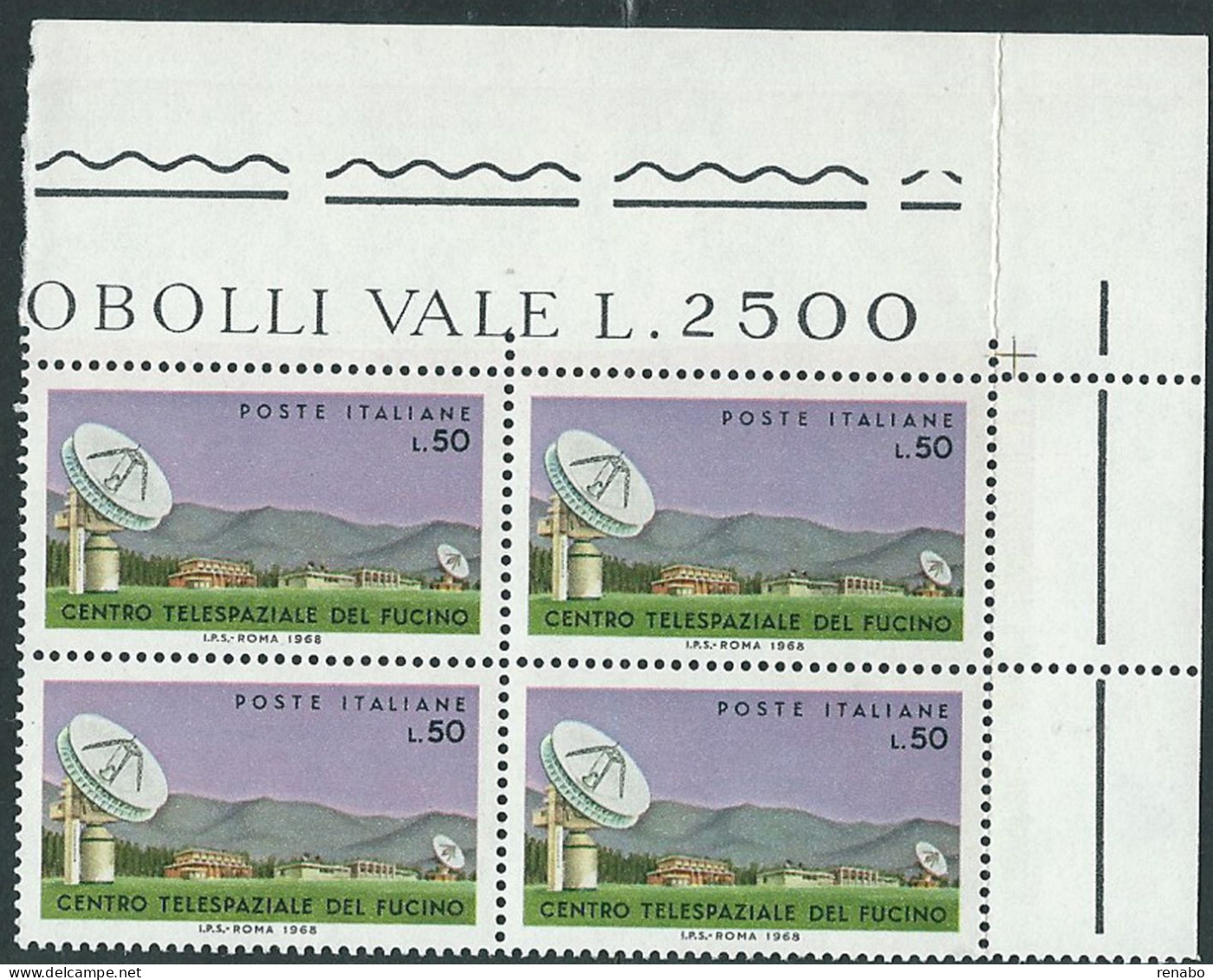 Italia 1968; Centro Per Le Telecomunicazioni Spaziali Del Fucino, Quartina D' Angolo Superiore. - 1961-70: Mint/hinged