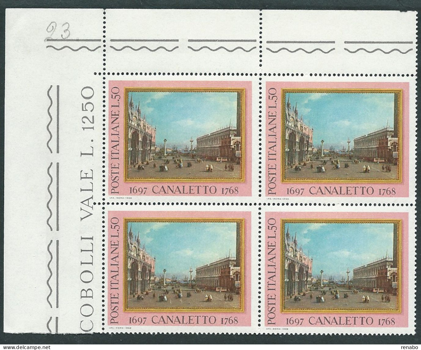 Italia 1968; Il Canaletto Dipinge Piazza San Marco A Venezia; Quartina D' Angolo Superiore. - 1961-70: Mint/hinged