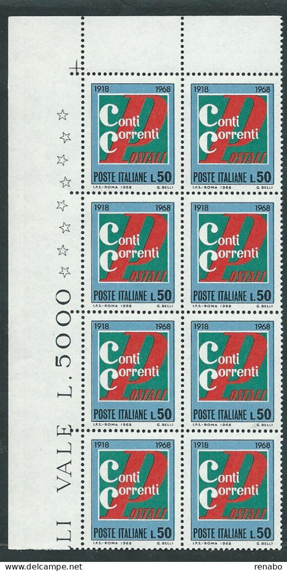 Italia 1968; Anniversario Dei Conti Correnti Postali; Blocco D' Angolo Superiore Di 8 Valori ( = 2 Quartine ) - 1961-70: Neufs