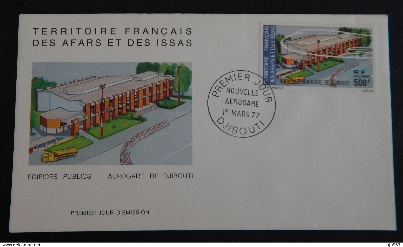 AFARS ET ISSAS  FDC PA  YT 109 "NOUVELLE AEROGARE DE DJIBOUTI" ANNÉE 1977 - Cartas & Documentos