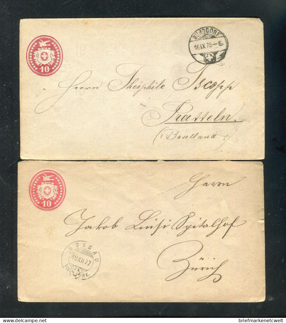 "SCHWEIZ" 1875/1877, 2 Ganzsachenumschlaege Stempel "BURGDORF" Und "GOSSAU" (B0115) - Interi Postali