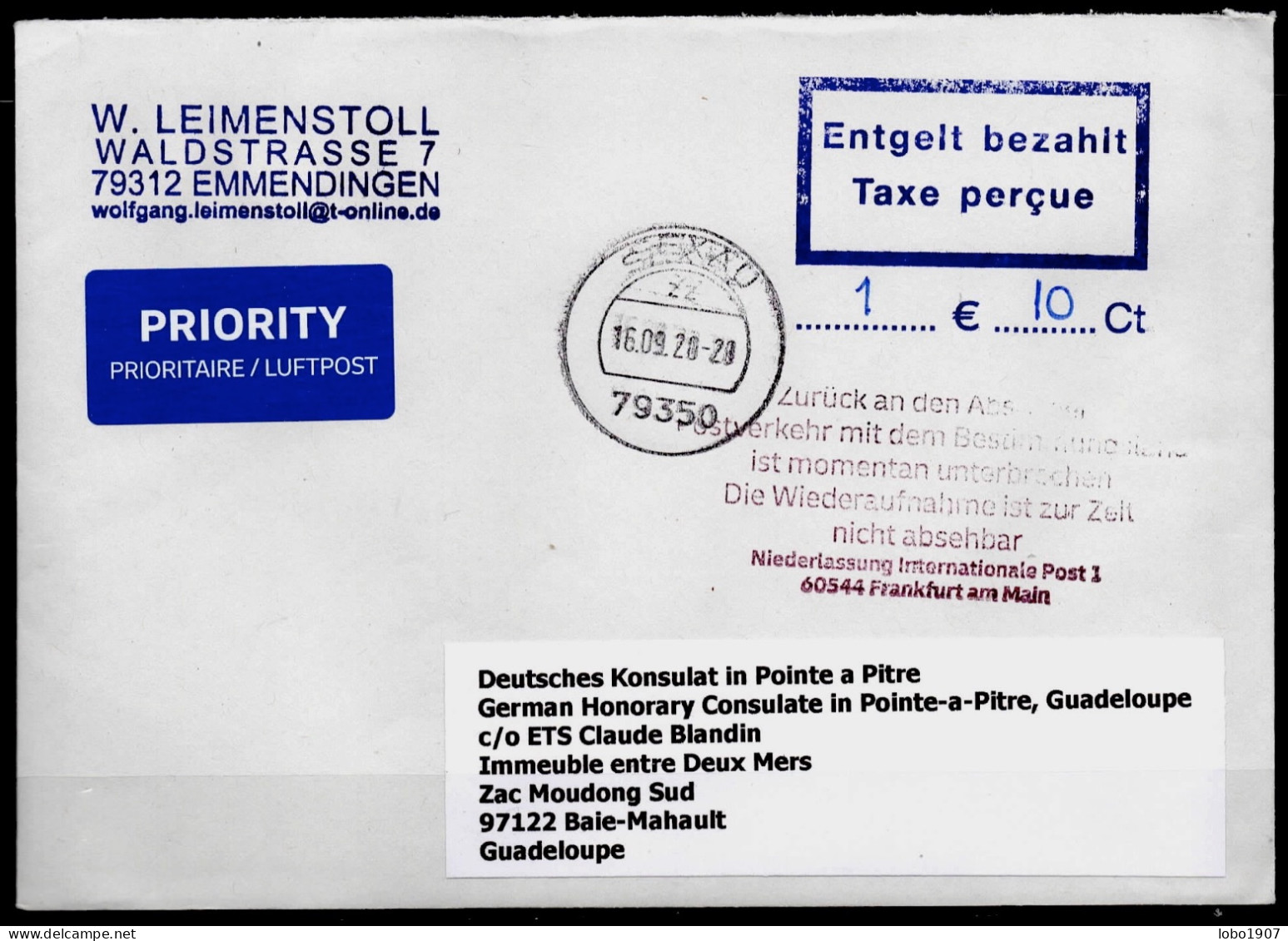 Corona Covid 19 Postal Service Interruption "Zurück An Den Absender... " Reply Coupon Paid Cover To GUADELOUPE - Cartas & Documentos