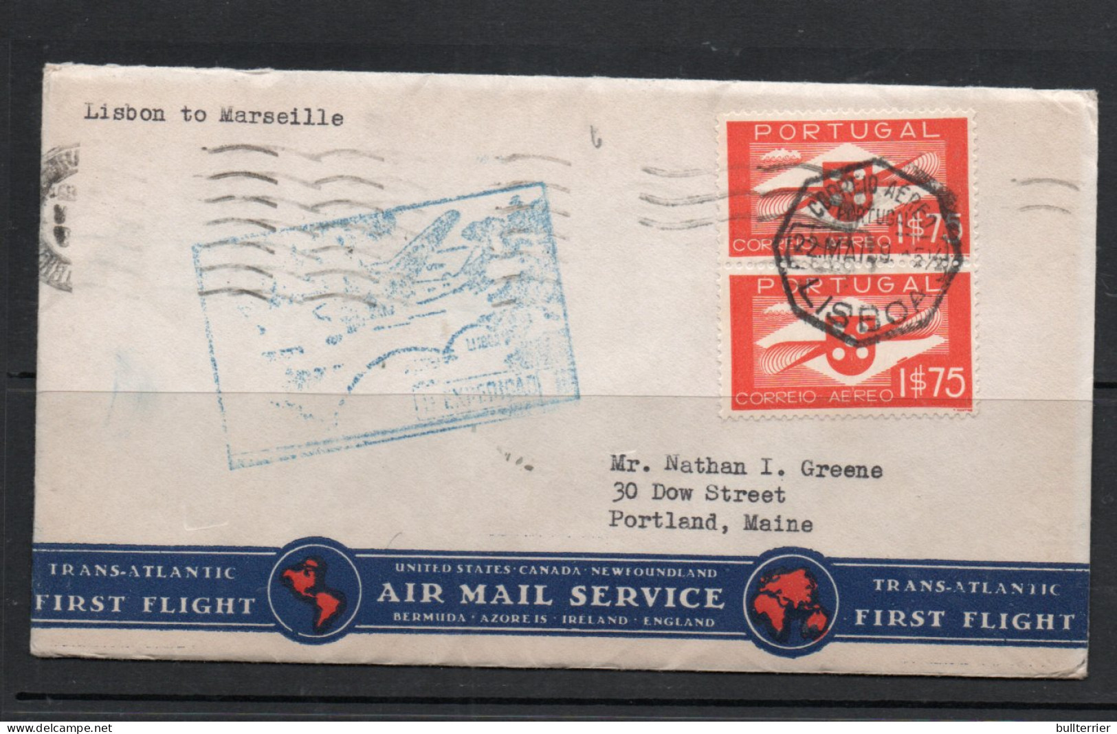 PORTUGAL - 1939 - TRANSATLANTIC AIRMAIL COVER LISBON TO MARSEILLES   WITH BACKSTAMP - Storia Postale