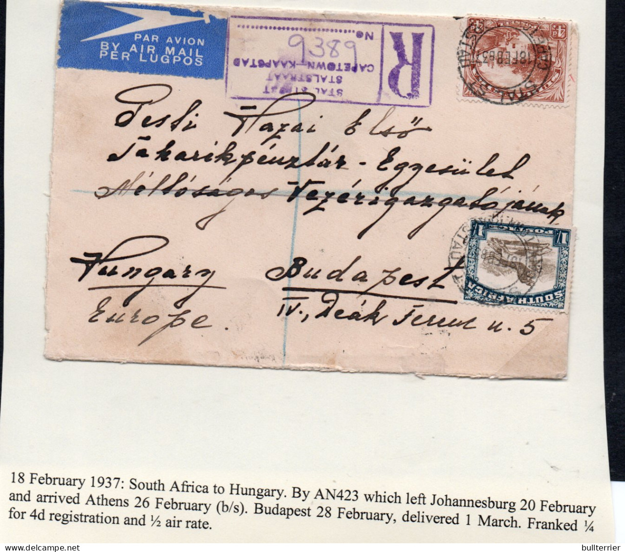 SOUTH AFRICA - 1937 IMPERIAL AIRWAYS  18 FEB REGISTERED COVER TO BUDAPEST HUNGARY   WITH BACKSTAMP - Luchtpost