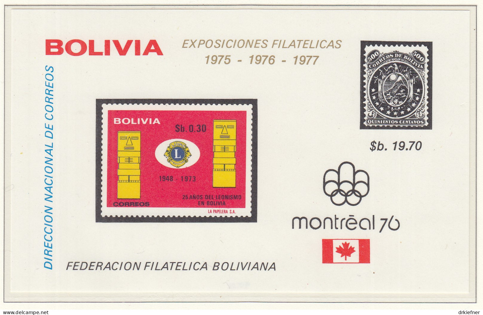 BOLIVIEN  Block 48, Postfrisch **, Briefmarkenausstellungen, Olympische Sommerspiele 1976, Montreal, 1975 - Bolivia