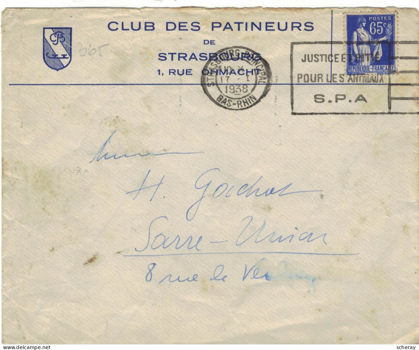 LETTRE CLUB DES PATINEURS DE STRASBOURG  17/1/1938 JUSTICE ET PITIE SUR Y T365 - Patinage Artistique