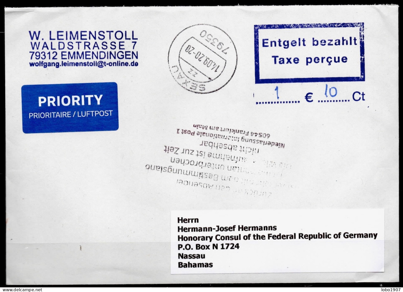 Corona Covid 19 2020 Postal Service Interruption "Zurück An Den Absender... " Reply Coupon Paid Cover Germany BAHAMAS - Bahamas (1973-...)