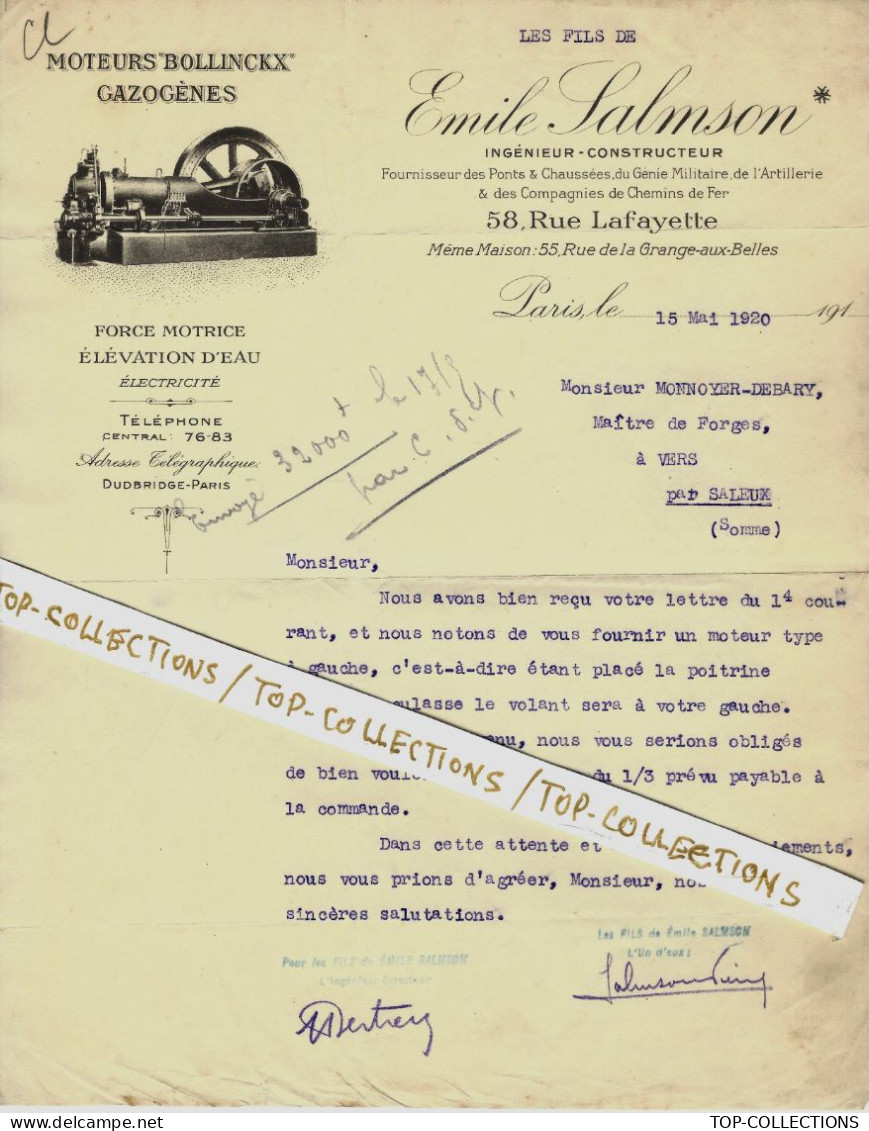 1920 ENTETE EMiLE SALMSON LES FILS DE INGENIEUR CONSTRUCTEUR PARIS V; HIST. > Monoyer Debary Maitre  Forges Vers (Somme) - 1900 – 1949