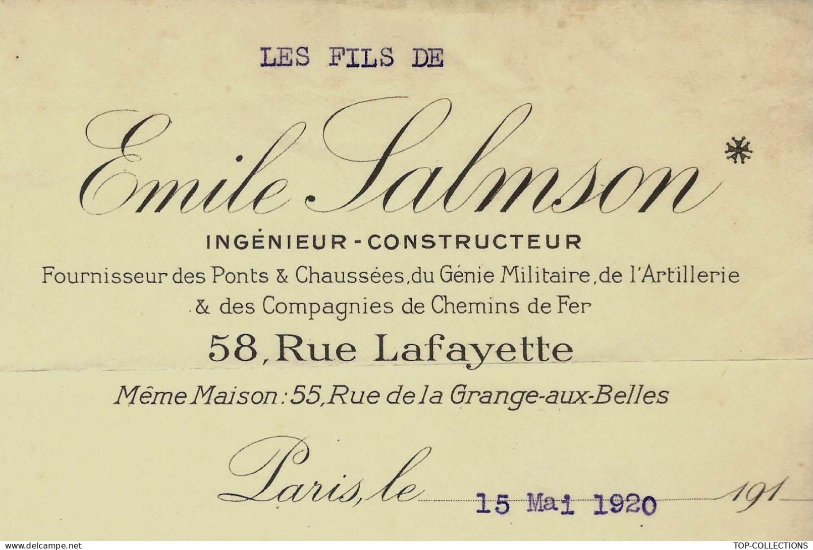 1920 ENTETE EMiLE SALMSON LES FILS DE INGENIEUR CONSTRUCTEUR PARIS V; HIST. > Monoyer Debary Maitre  Forges Vers (Somme) - 1900 – 1949