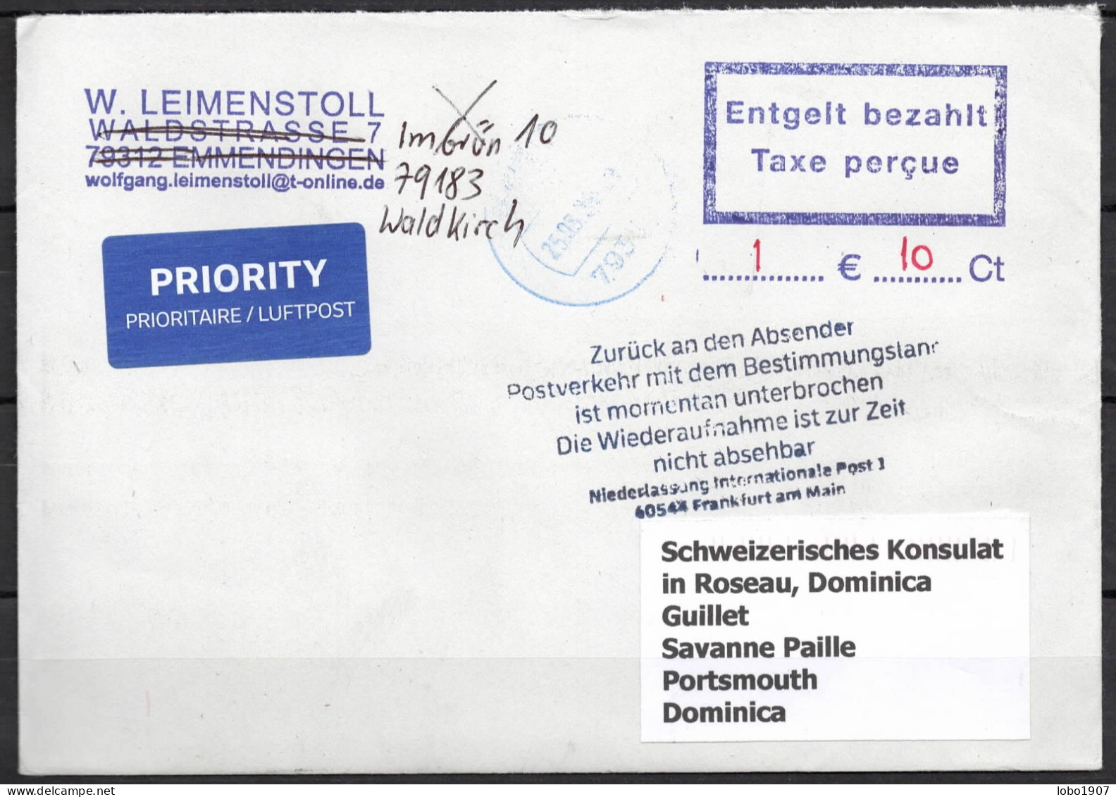 Corona Covid 19 Postal Service Interruption "Zurück An Den Absender... " Reply Coupon Paid Cover To DOMINICA - Ziekte