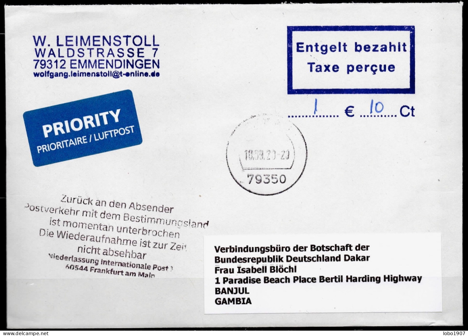 Corona Covid 19 Postal Service Interruption "Zurück An Den Absender... " Reply Coupon Paid Cover To BANJUL GAMBIA - Ziekte