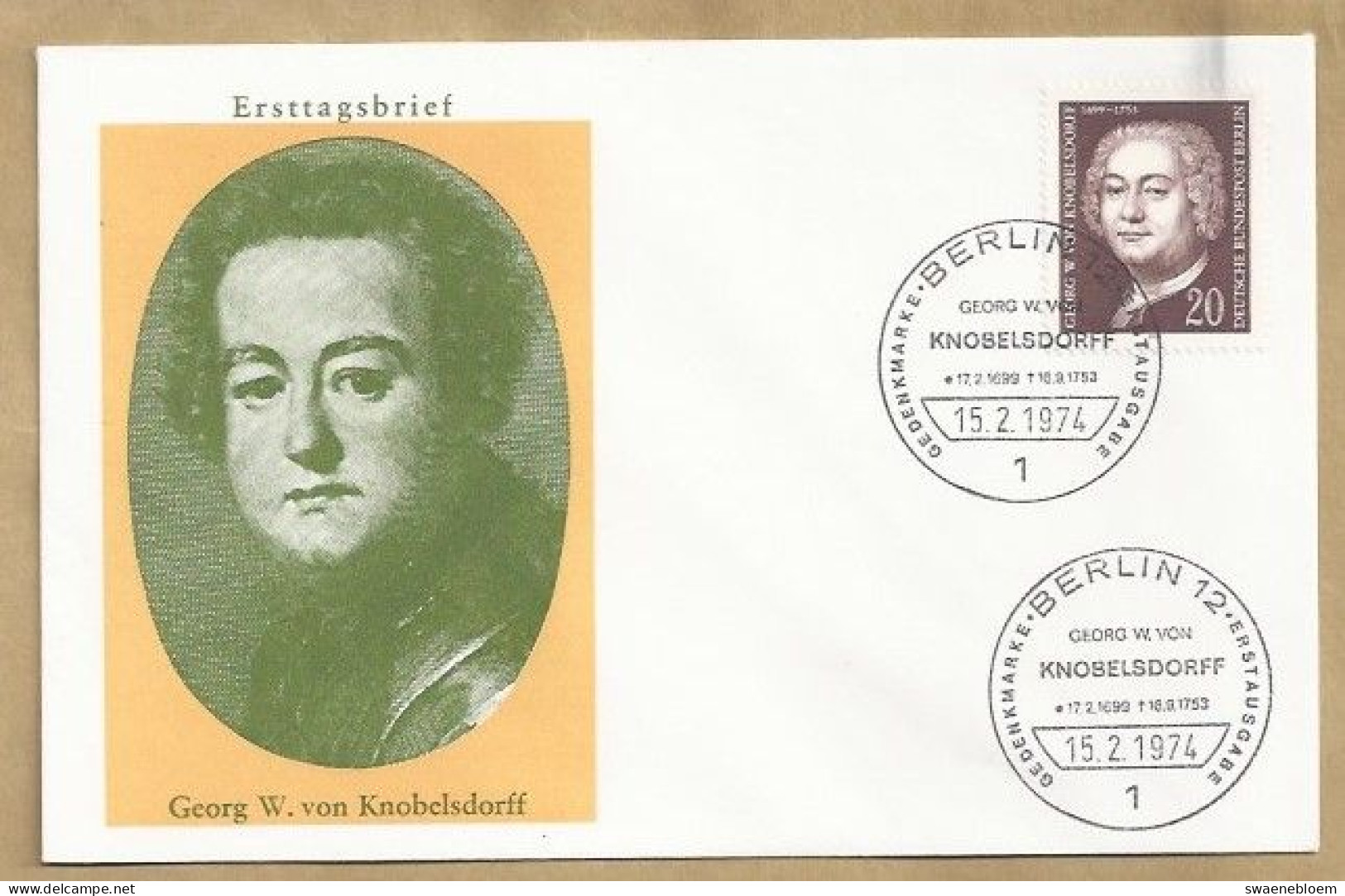 DE.- ERSTTAGSBRIEF. GEORG W. VON KNOBELSDORFF. ERSTAUSGABETAG 15.2.1974. FDC. BERLIN 12. GEDENKMARKE. - 1971-1980