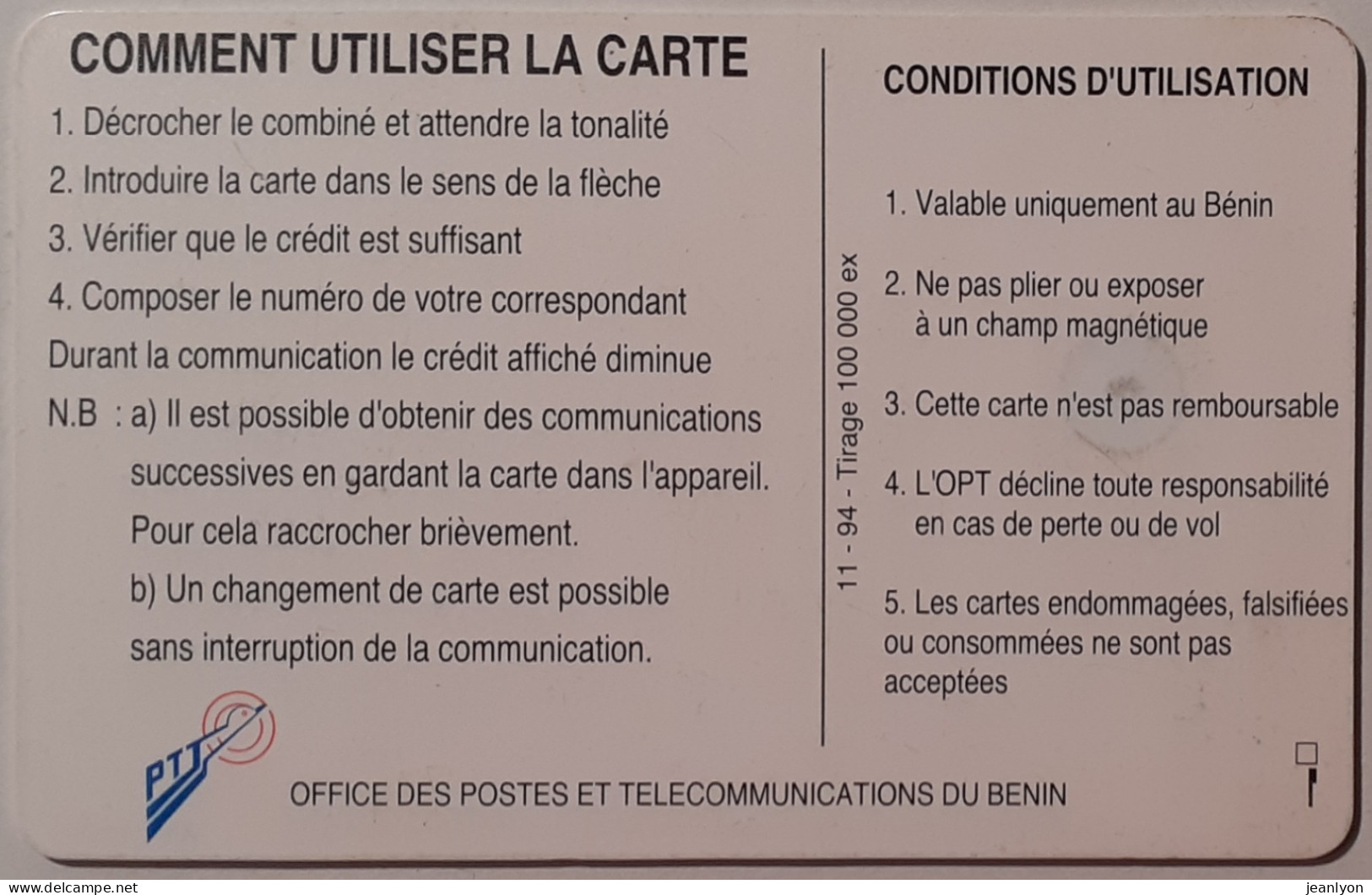 BENIN - Grille Des Heures De Réduction Téléphone - Carte Téléphonique Office Postes Télécommunication Bénin - Bénin