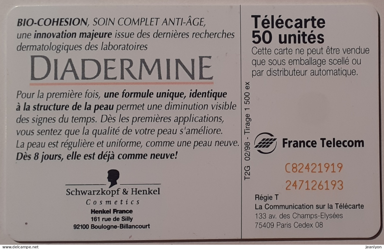 DIADERMINE BIO COHESION - Creme Anti Age - Télécarte 50 Unités Utilisée / Tirage 1500 Exemplaires - 50 Eenheden