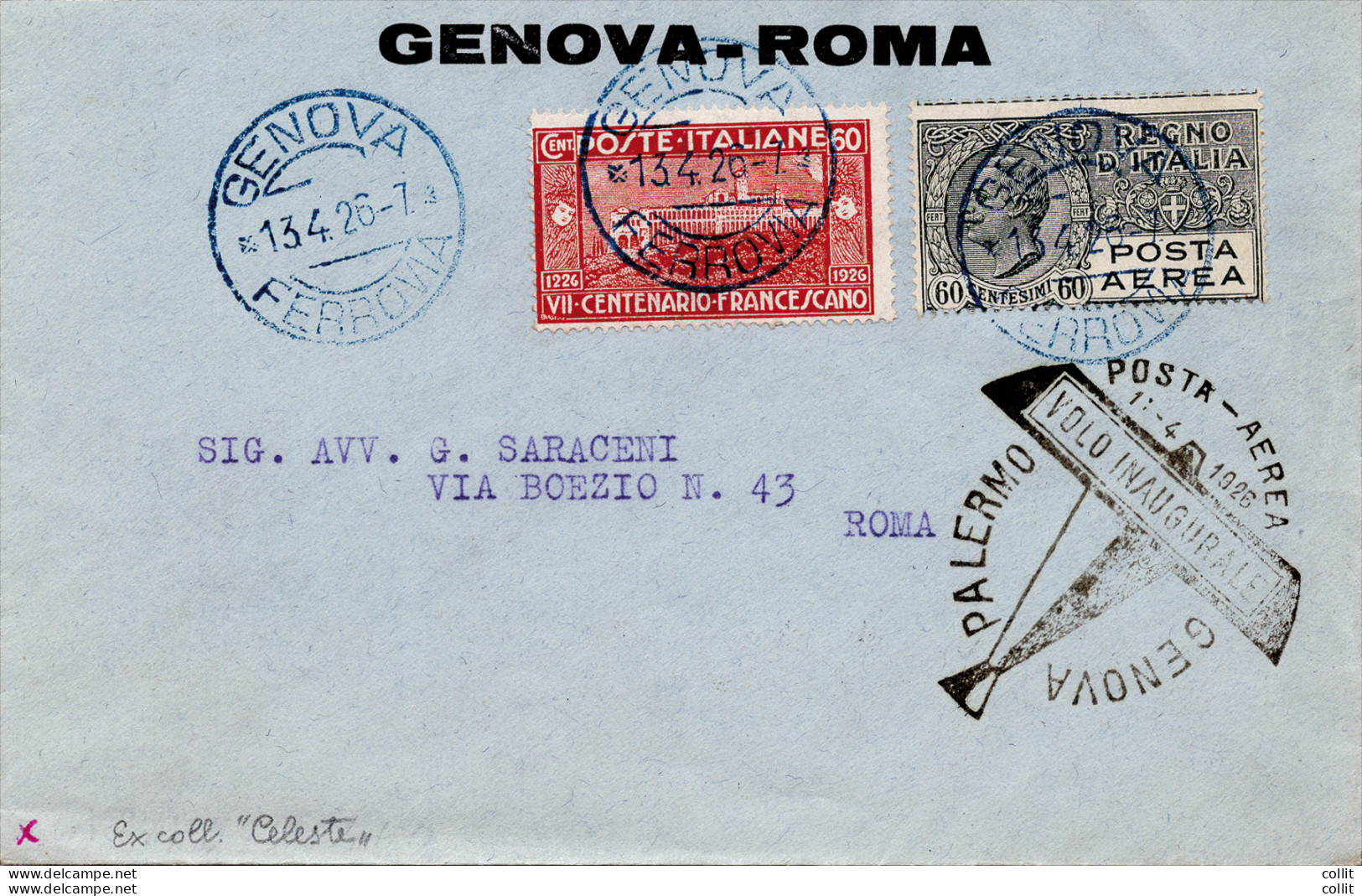 1926 Genova/Roma Del 13.4.26 - Aerogramma Inoltrato Primo Volo SANA - Marcophilia (AirAirplanes)