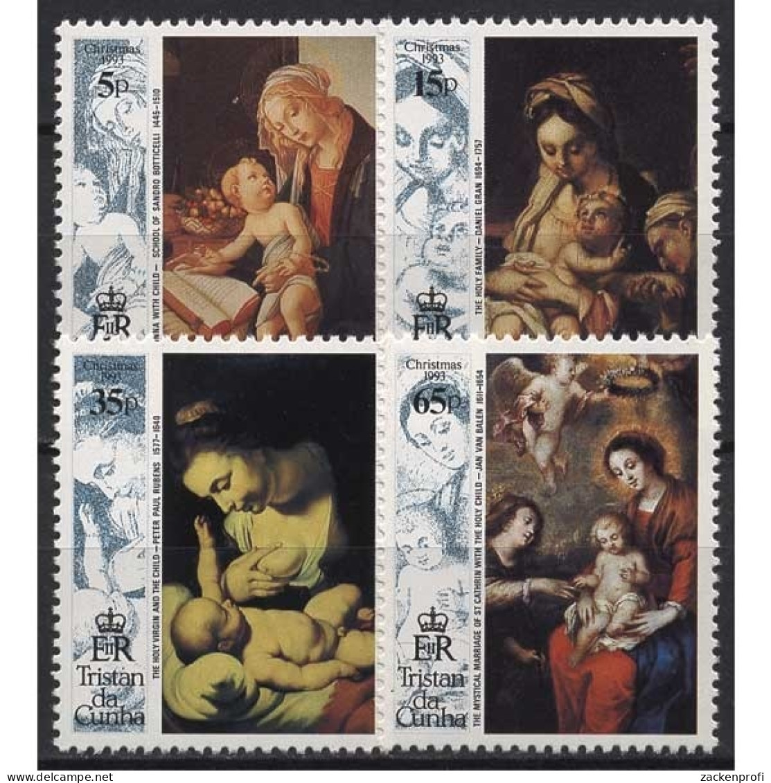 Tristan Da Cunha 1993 Weihnachten Gemälde Rubens Botticelli 544/47 Postfrisch - Tristan Da Cunha