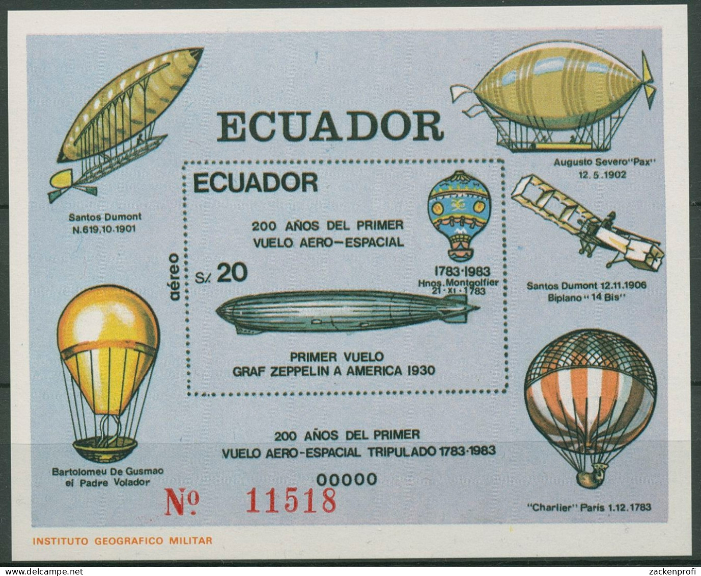Ecuador 1984 200 Jahre Luftfahrt Zeppelin Ballone Block 111 Postfrisch (C94106) - Equateur
