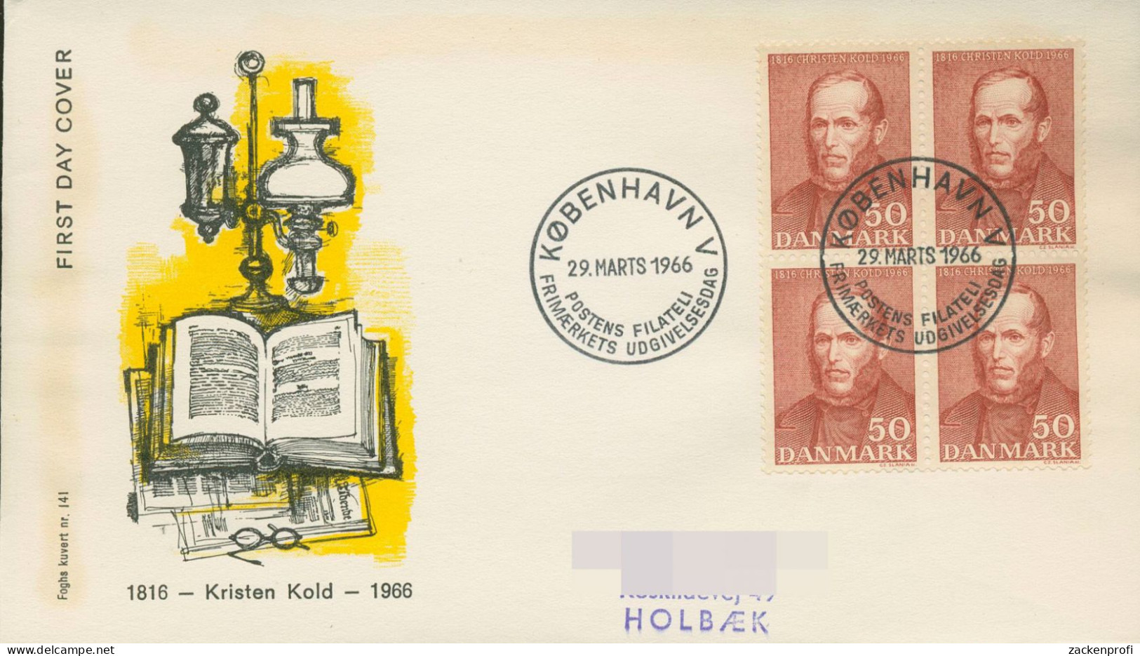 Dänemark 1966 Christen M. Kold Ersttagsbrief 441 Y 4er-Block FDC (X80008) - FDC