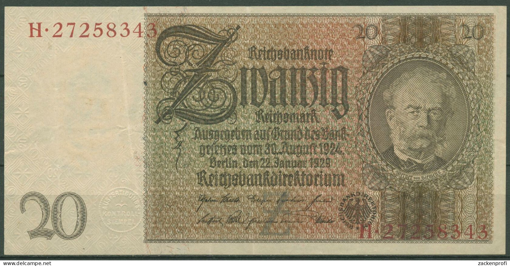 Dt. Reich 20 Reichsmark 1929, DEU-184a Serie Z/H, Gebraucht (K1500) - 20 Mark