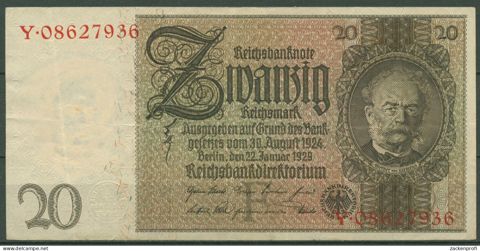 Dt. Reich 20 Reichsmark 1929, DEU-184a Serie F/Y, Gebraucht (K1513) - 20 Mark