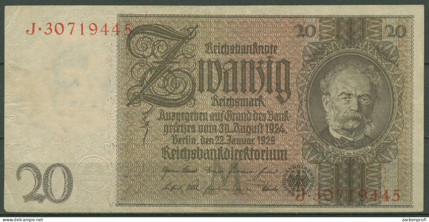 Dt. Reich 20 Reichsmark 1929, DEU-184b Serie M/J, Gebraucht (K1517) - 20 Mark