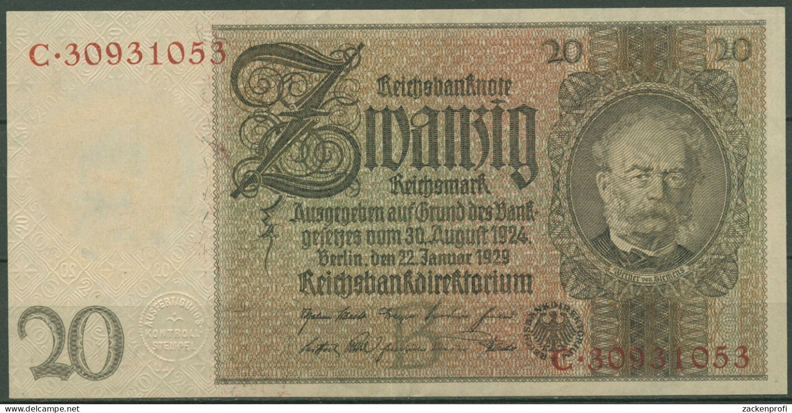 Dt. Reich 20 Reichsmark 1929, DEU-184a Serie B/C, Leicht Gebraucht (K1502) - 20 Mark