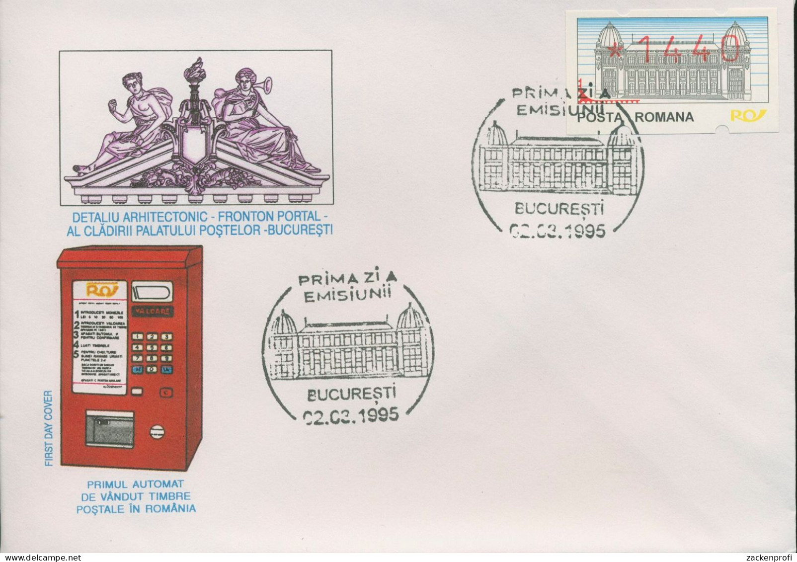 Rumänien ATM 1995 Hauptpostamt, Einzelwert 1440 Ersttagsbrief ATM 1 FDC (X80290) - Automatenmarken [ATM]