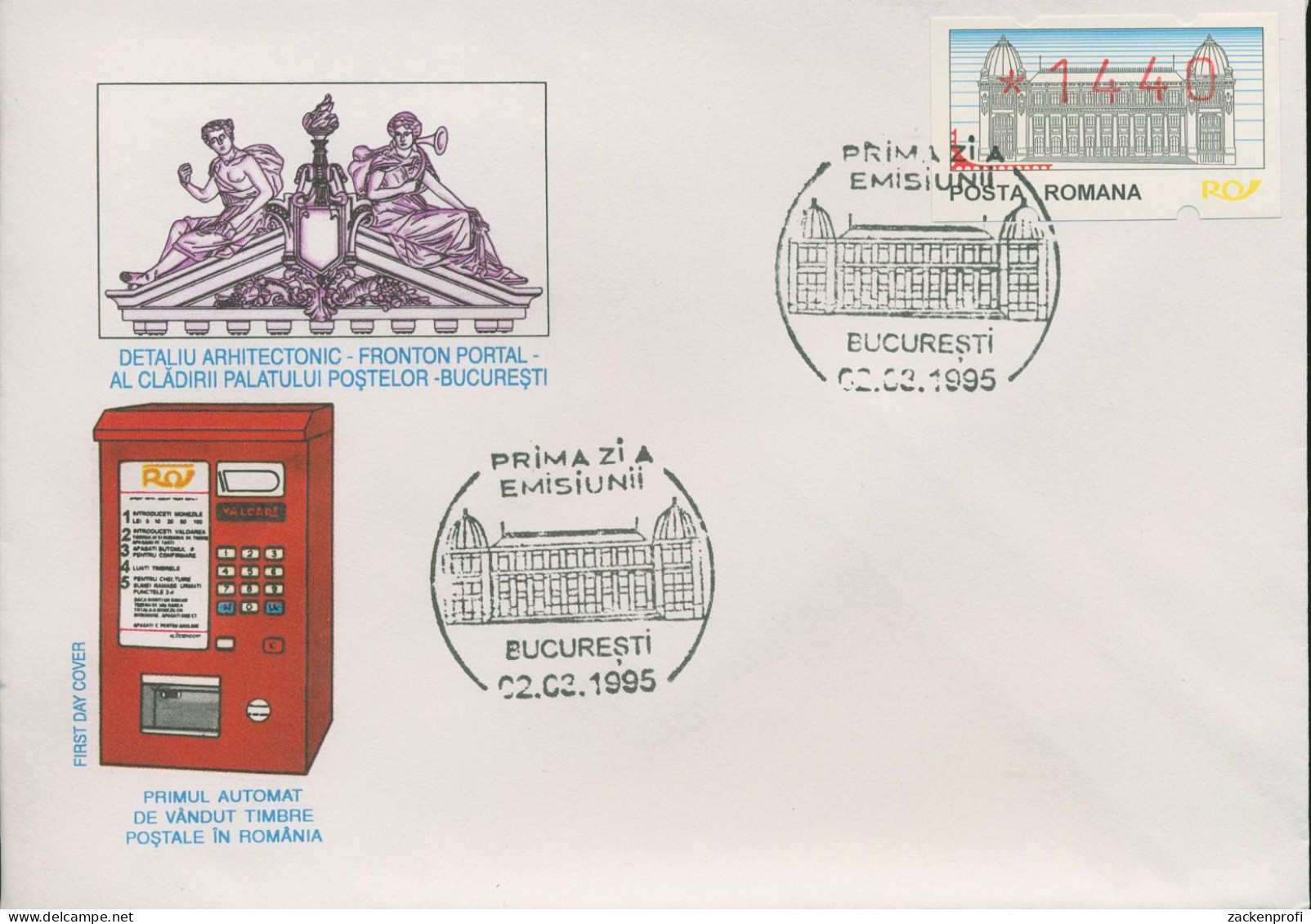 Rumänien ATM 1995 Hauptpostamt, Einzelwert 1440 Ersttagsbrief ATM 1 FDC (X80290) - Automaatzegels [ATM]