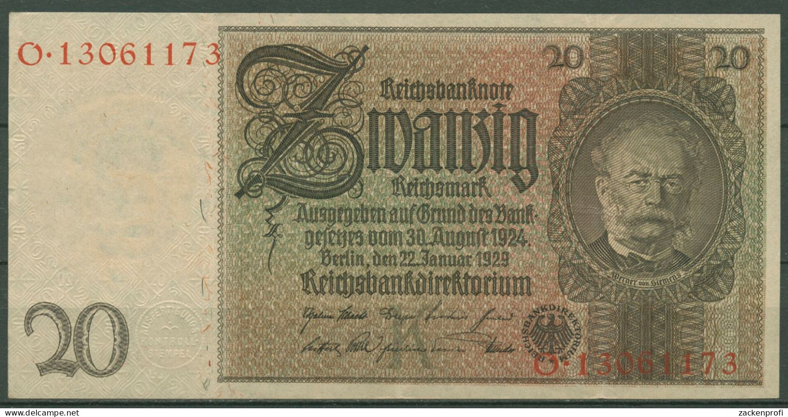 Dt. Reich 20 Reichsmark 1929, DEU-184a Serie K/O, Gebraucht (K1508) - 20 Mark