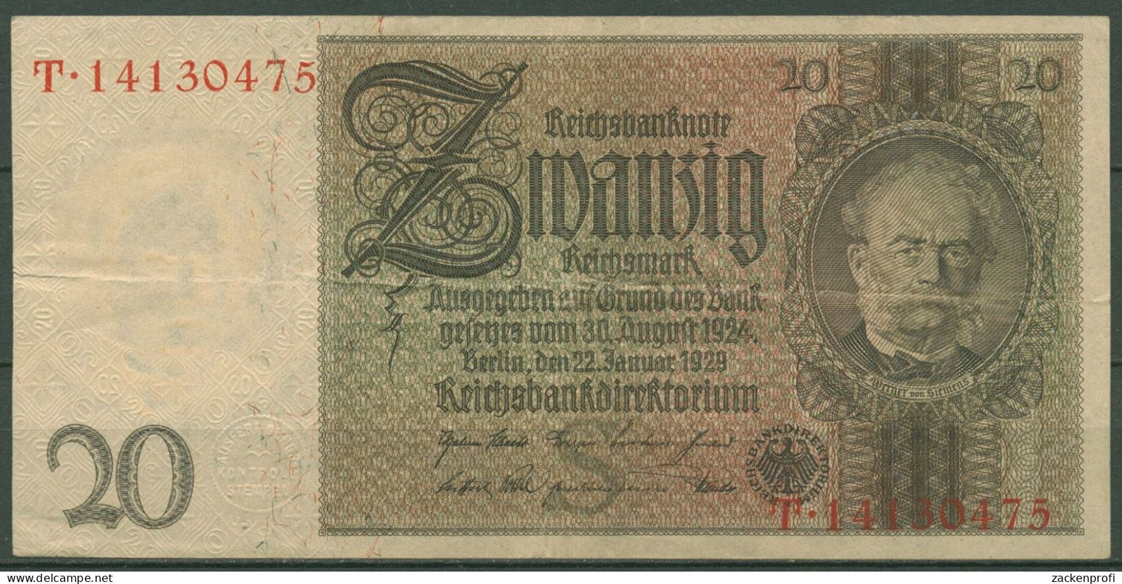 Dt. Reich 20 Reichsmark 1929, DEU-184a Serie S/T, Gebraucht (K1509) - 20 Mark