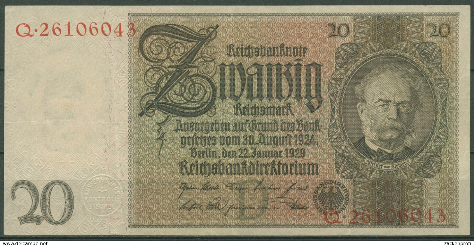 Dt. Reich 20 Reichsmark 1929, DEU-184a Serie D/Q, Leicht Gebraucht (K1505) - 20 Mark