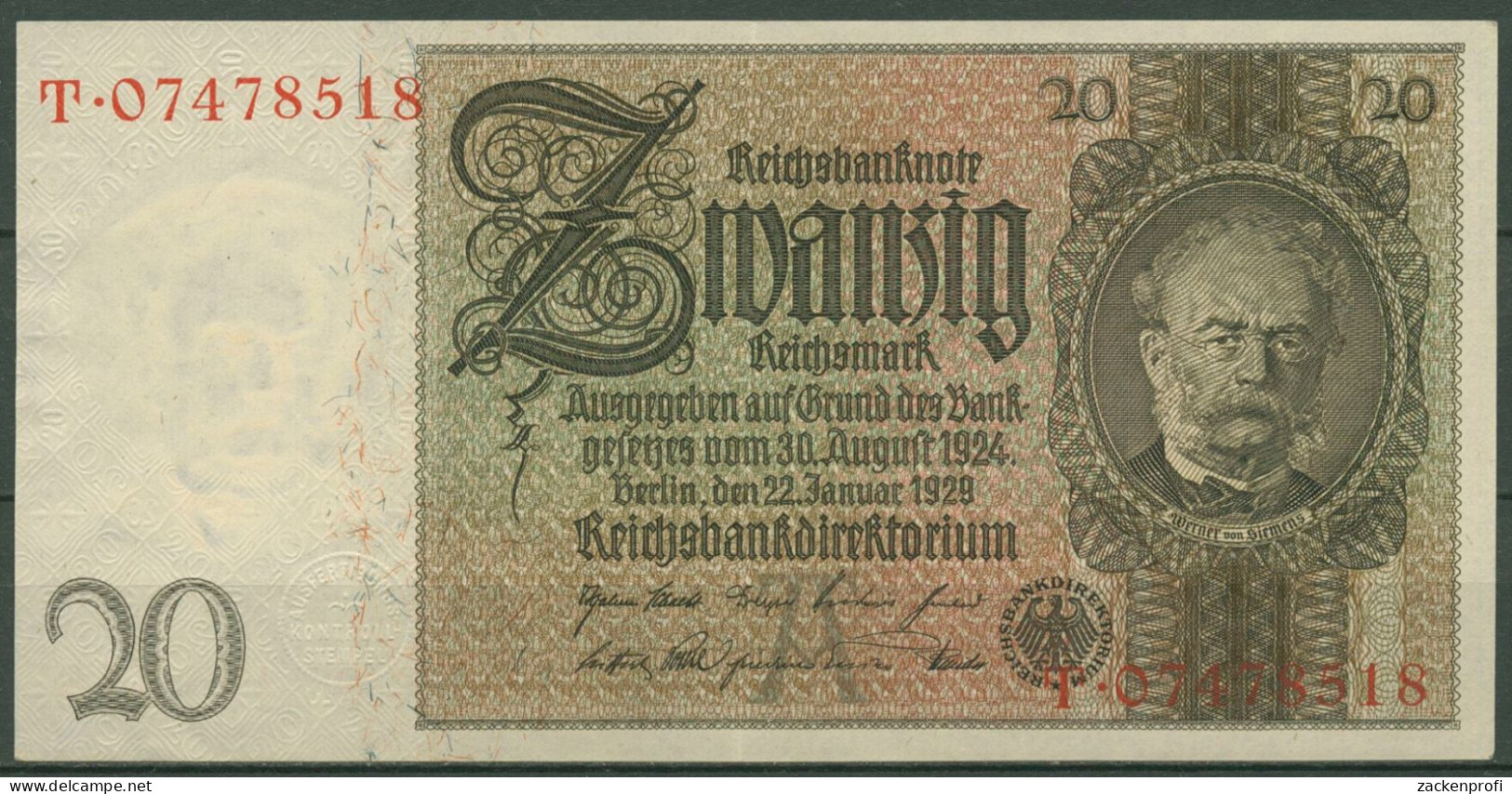 Dt. Reich 20 Reichsmark 1929, DEU-184a Serie A/T, Leicht Gebraucht (K1514) - 20 Mark