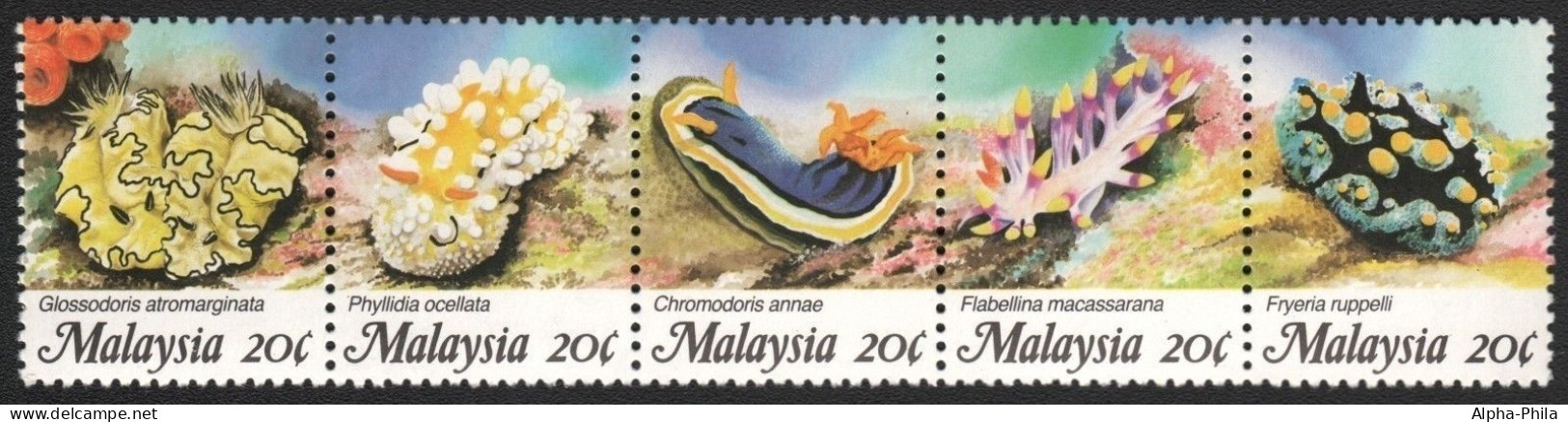 Malaysia 1988 - Mi-Nr. 387-391 ** - MNH - Streifen - Nacktschnecken / Nudibranch - Malaysia (1964-...)