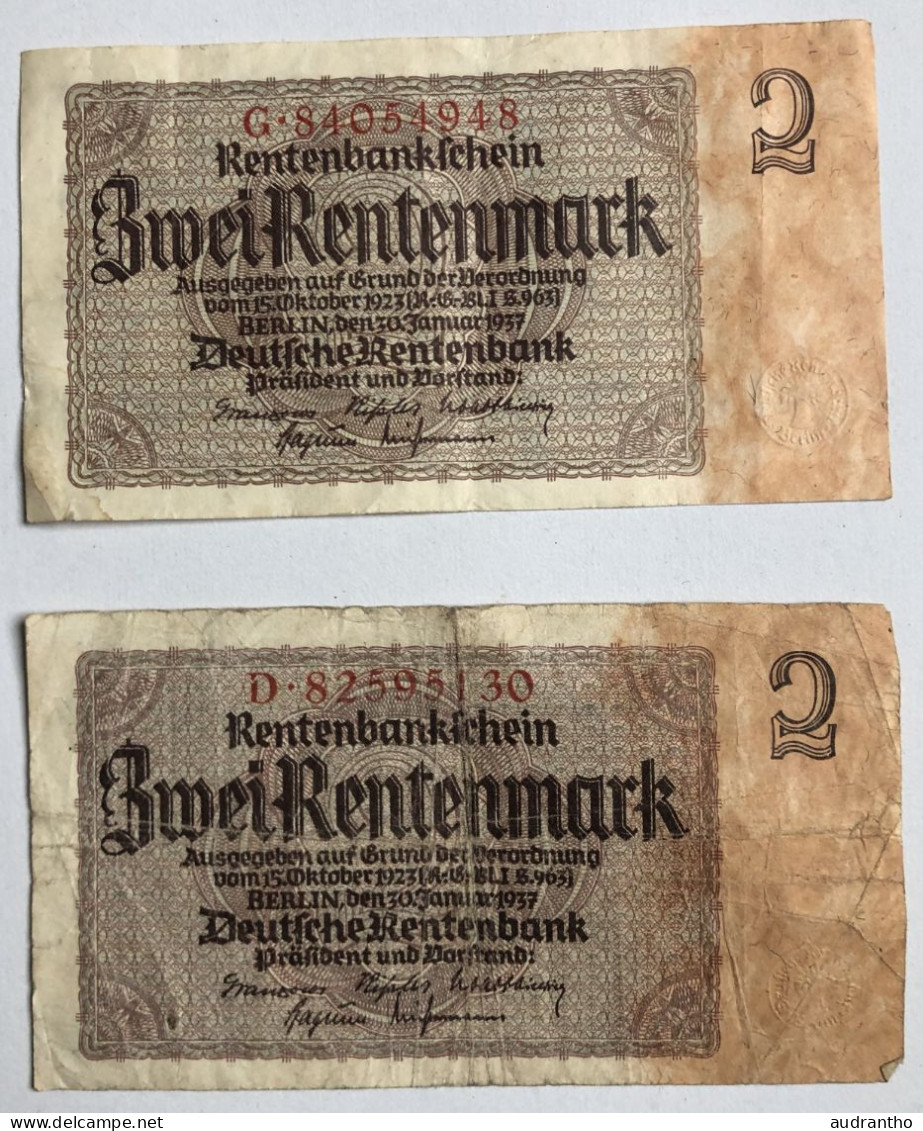 2 Billets Anciens Allemagne 2 Zweirentenmark Numérotés 1937? - Colecciones