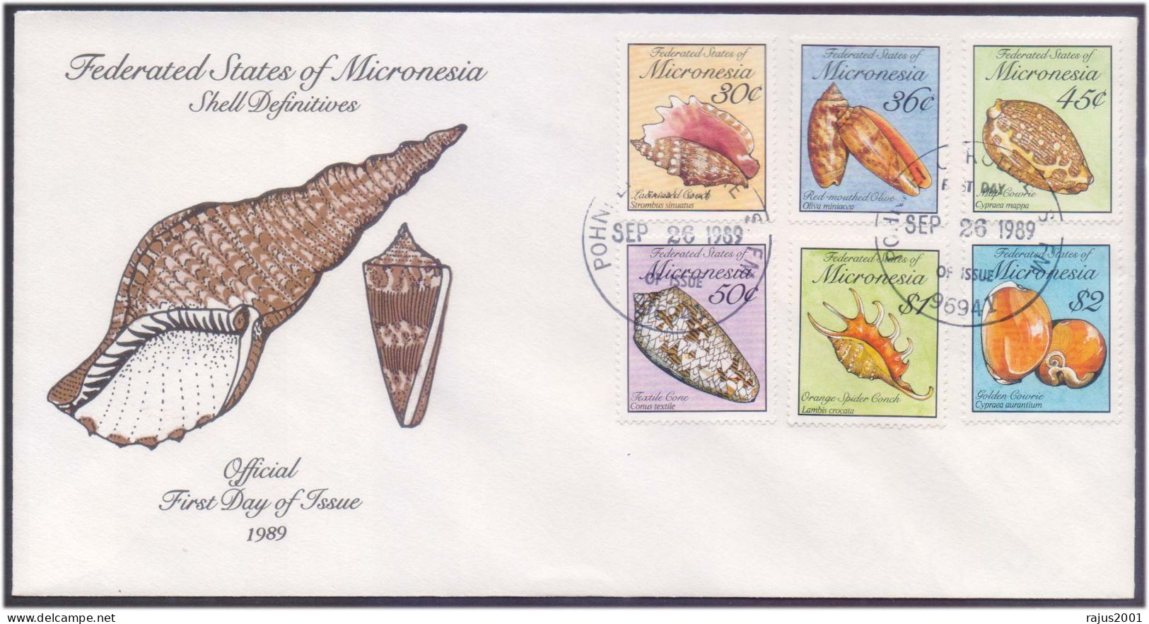 Sea Shells, Cone Shell, Seashell, Orange Spider, Golden Cowrie Shell Marine Creature, Underwater, Micronesia FDC - Coquillages