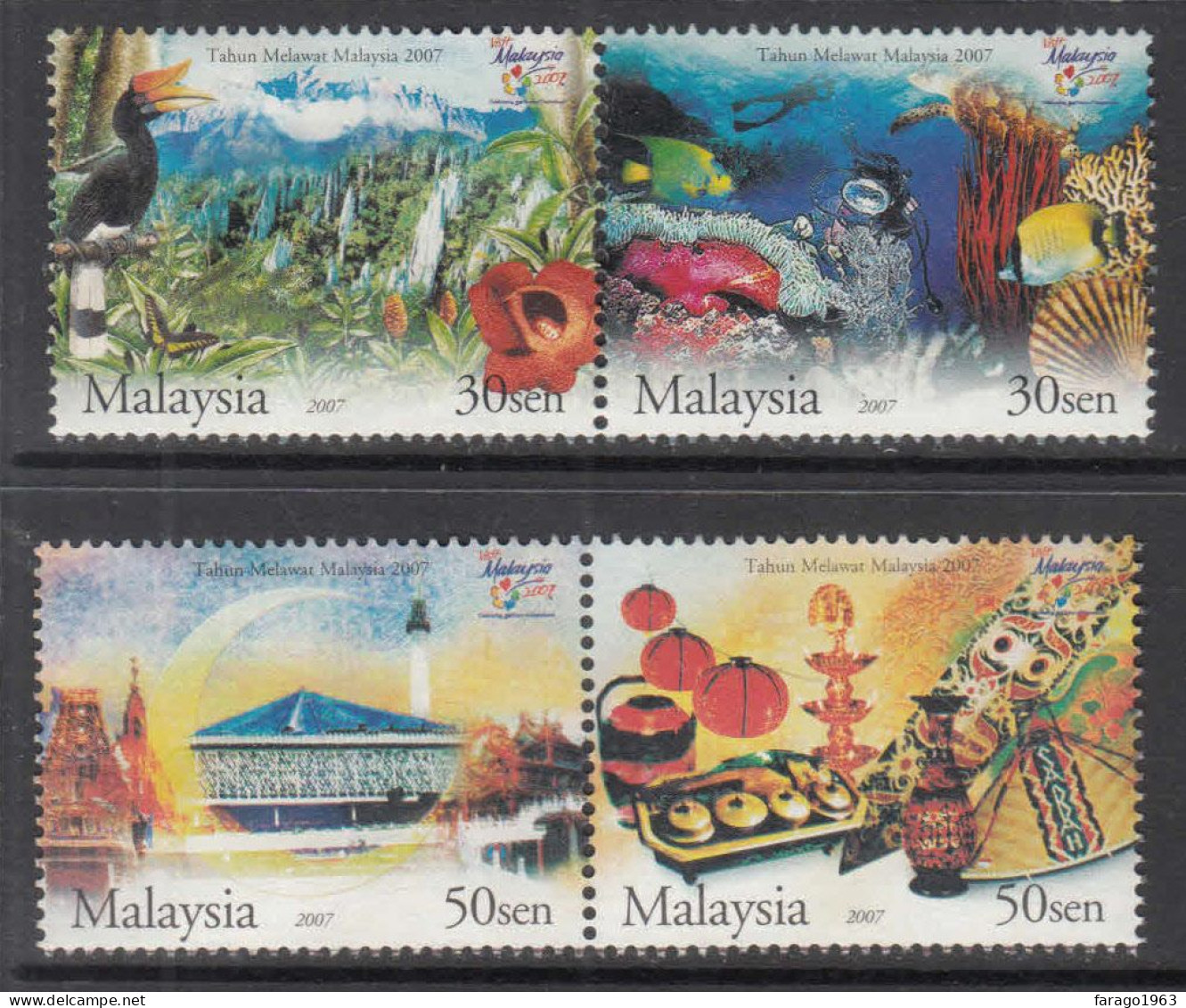 2007 Malaysia Tourism Wildlife Birds Fish Flowers Food Culture Complete Set Of 2 Pairs MNH - Malaysia (1964-...)