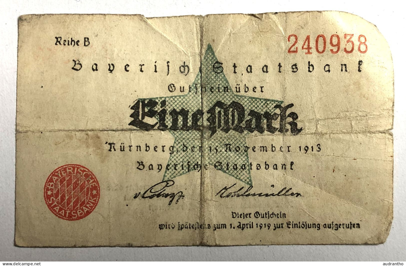 Billet Ancien Allemagne Bavière Einemark 1913 - Zonder Classificatie