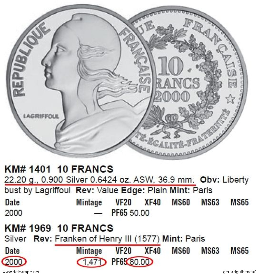 RARISSIME : 10 Francs ARGENT 2000 FDC "Henri III" - Cotation : 80 € - Vrac - Monnaies