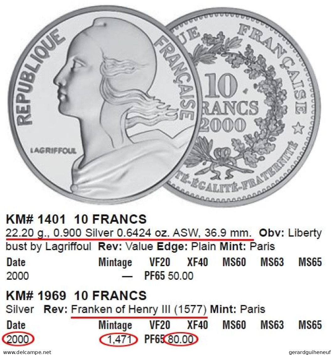 RARISSIME : 10 Francs ARGENT 2000 FDC "Henri III" - Cotation : 80 € - Kiloware - Münzen