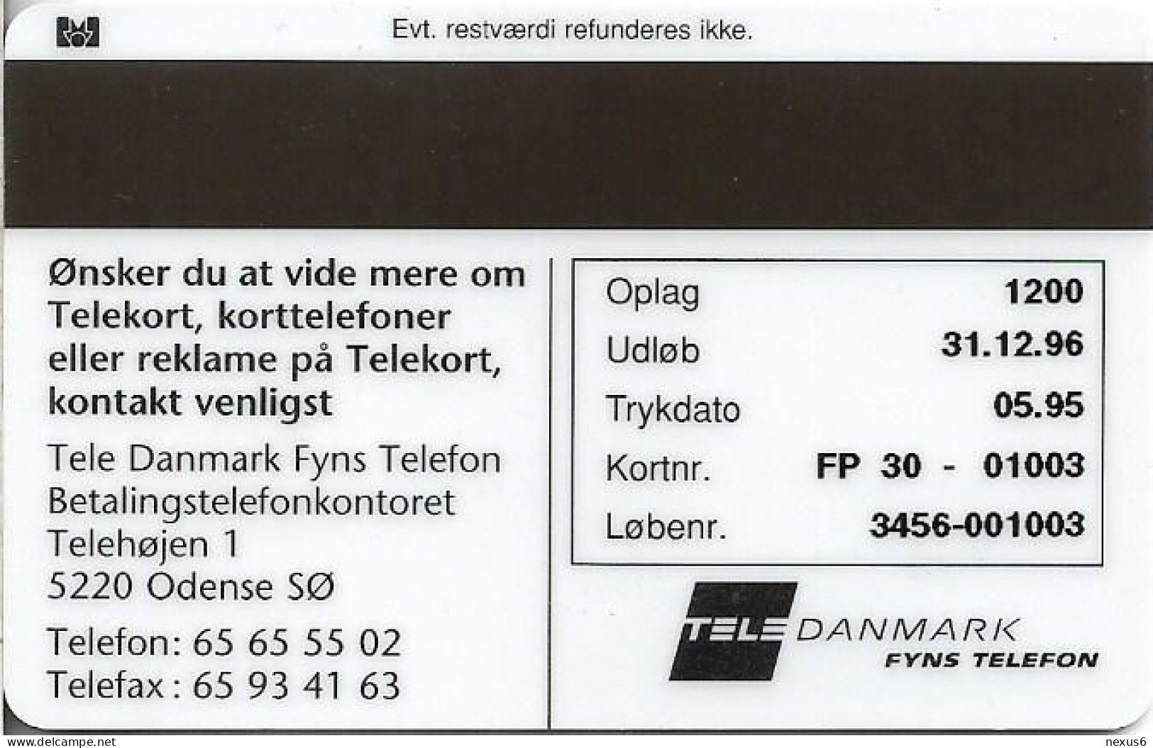 Denmark - Fyns - New Definitive Cards - TDFP030 (Cn. 3456) - Exp. 05.1995, 1.200ex, 10kr, Used - Dänemark