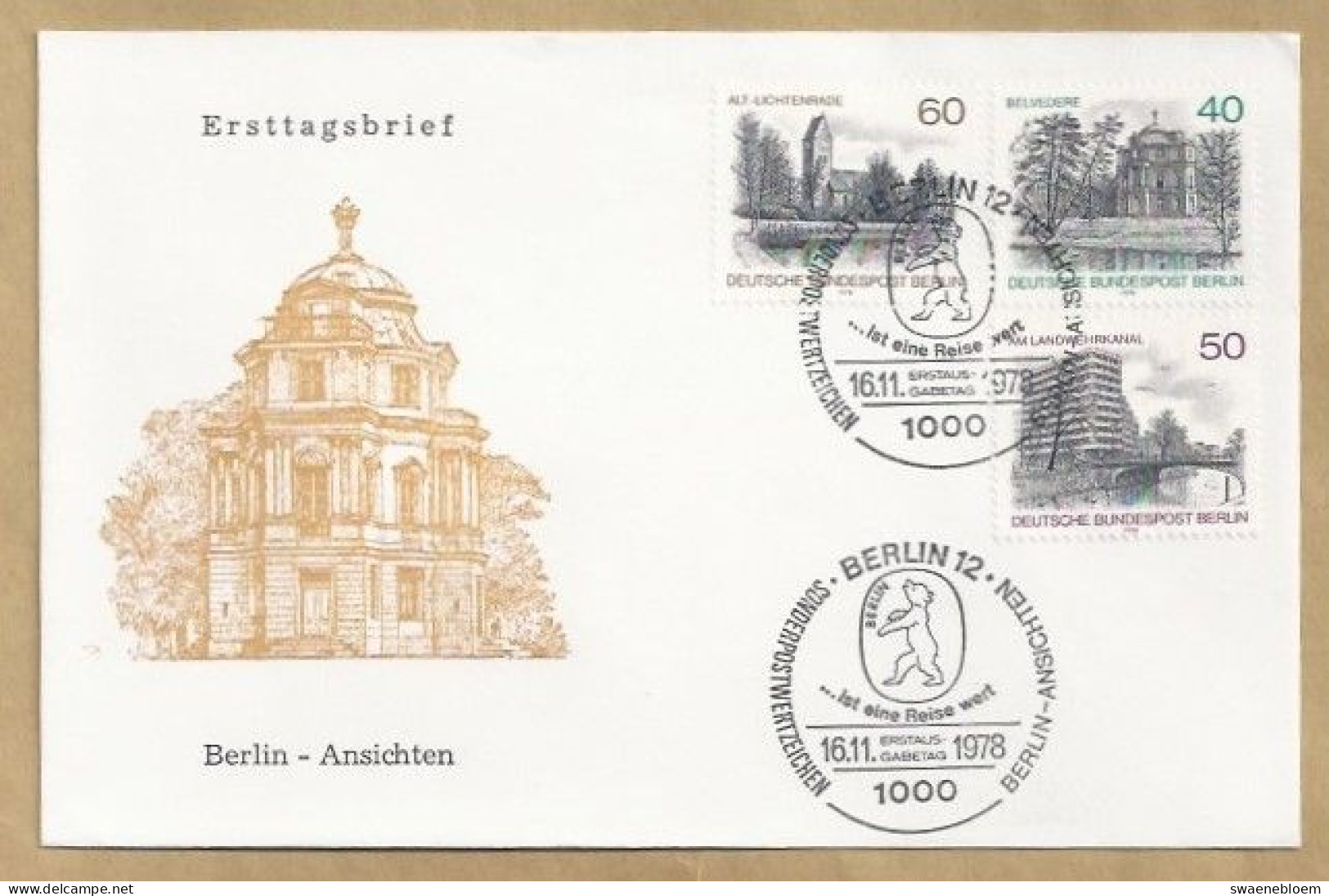 DE.- ERSTTAGSBRIEF. BERLIN ANSICHTEN. ERSTAUSGABETAG 16.11.1978.SONDERPOSTWERTZEICHEN. BERLIN 12. - 1971-1980