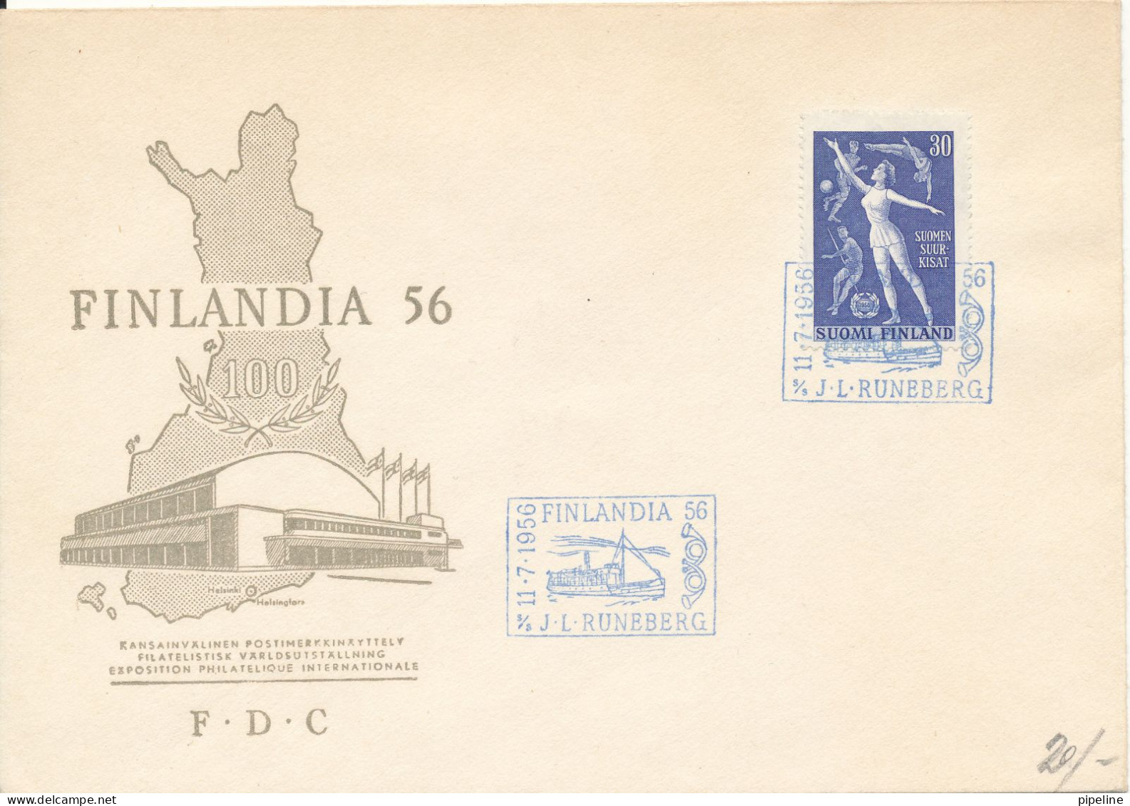 Finland FDC / Cover FINLANDIA 56 S/S J. L. Runeberg 11-7-1956 Ship Cancel - FDC