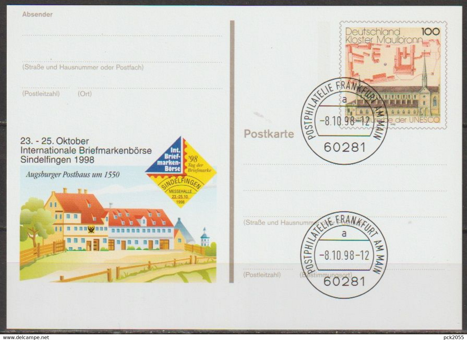 BRD Ganzsache 1998 PSo55 Briefmarkenbörse Sindelfingen EST.8.10.98 Postphilatelie Frankfurt (d111)günstige Versandkosten - Postkarten - Gebraucht