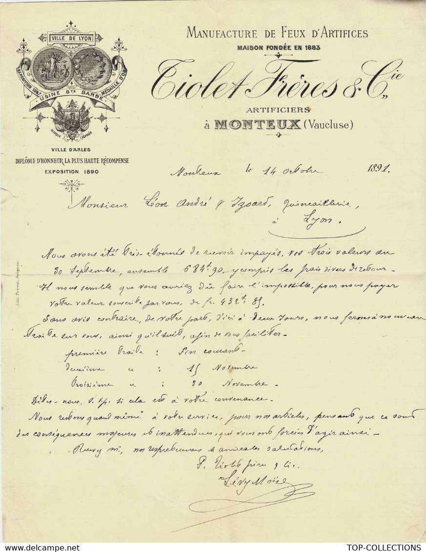 1891 MONTEUX Vaucluse VILLE DES ARTIFICIERS  MANUFACTURE DE FEUX D'ARTIFICES Tiolet Frères B.E.VOIR SCANS+HISTORIQUE - 1800 – 1899