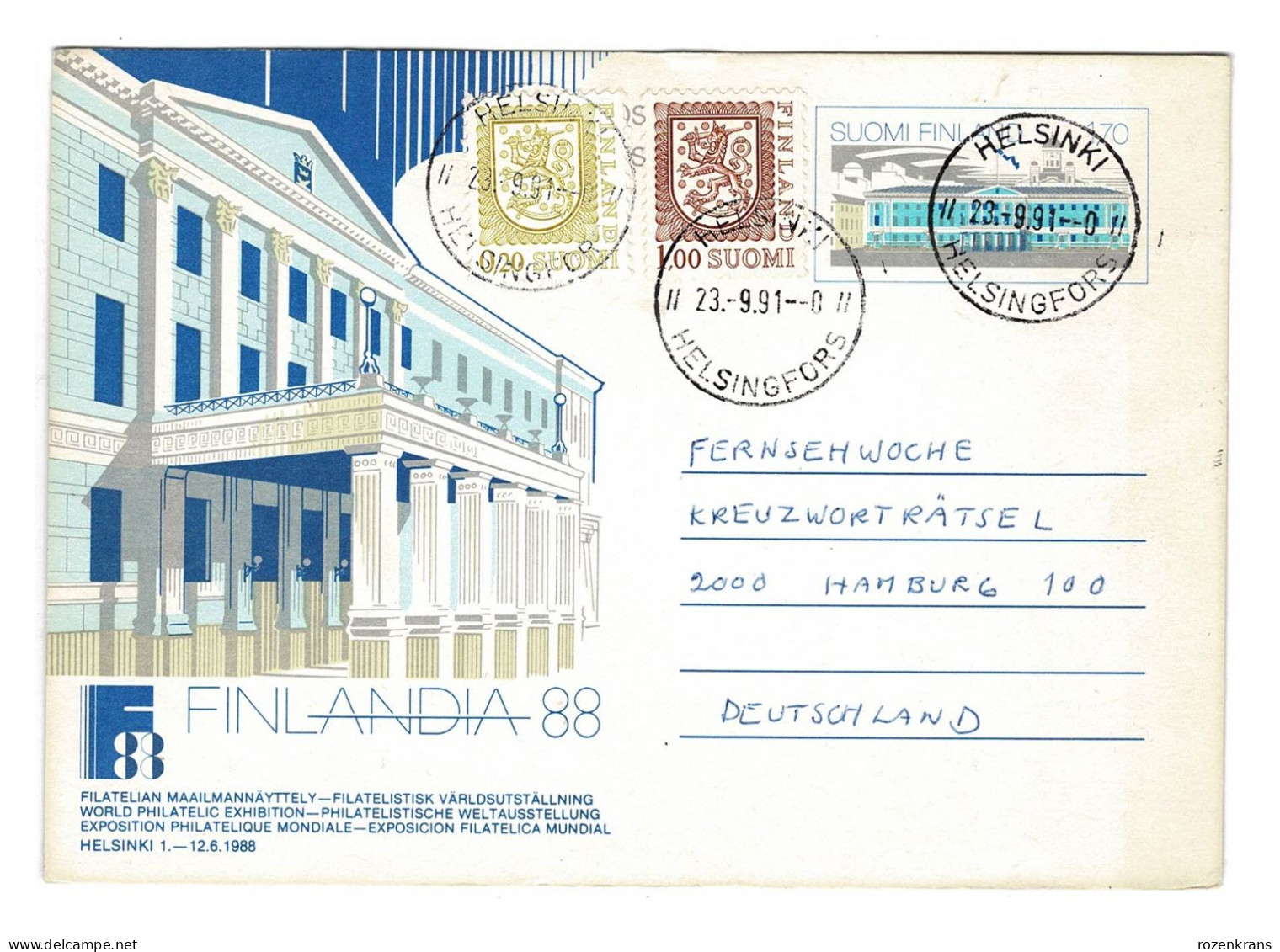 Cover FDC  First Day Of Issue SUOMI Finlandia 88 Helsinki Helsingfors 1991 Exposition Philatelique Mondiale - FDC