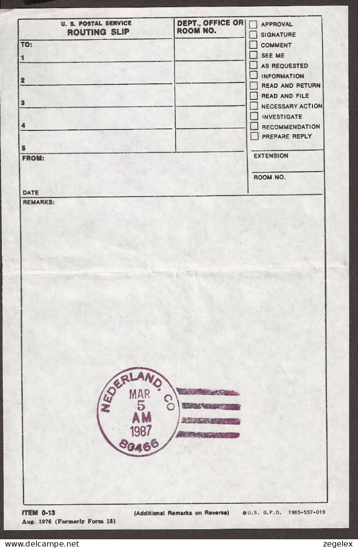 Rocky Mountains- US Postal Service Routing Slip, Special Stamp From  CITY "Nederland" Send To COUNTRY "NEDERLAND"  - Rocky Mountains