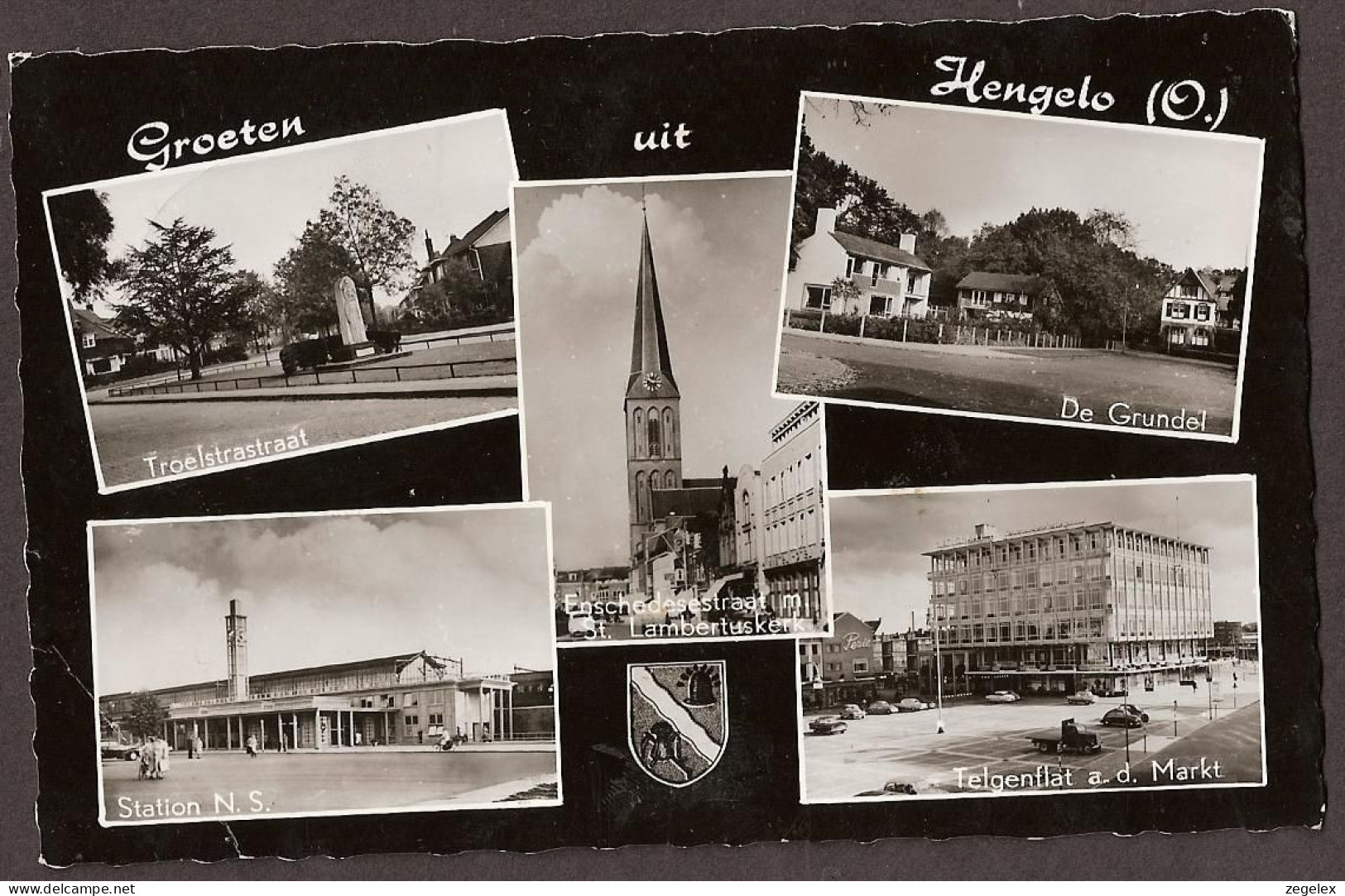 Hengelo - Troelstrastraat, Station , De Grundel, Telgenflat, Enschedestraat Met St. Lambertuskerk - Rond 1958 - Hengelo (Ov)