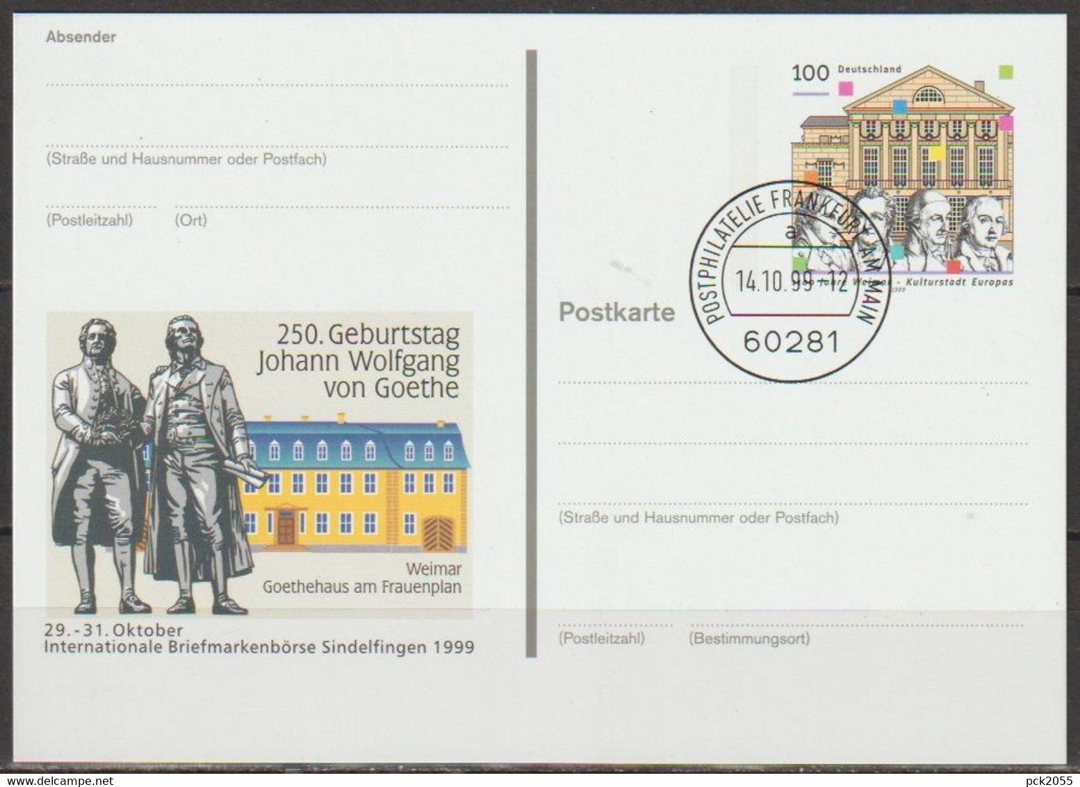 BRD Ganzsache 1999 PSo62 Briefmarkenbörse Sindelfingen EST.14.10.99Postphilatelie Frankfurt(d3876)günstige Versandkosten - Postkaarten - Gebruikt